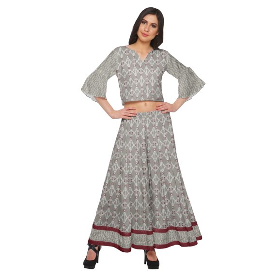 Moomaya Printed Long Palazzo And V- Neck Crop Top Set For Women Ethnic Dresses