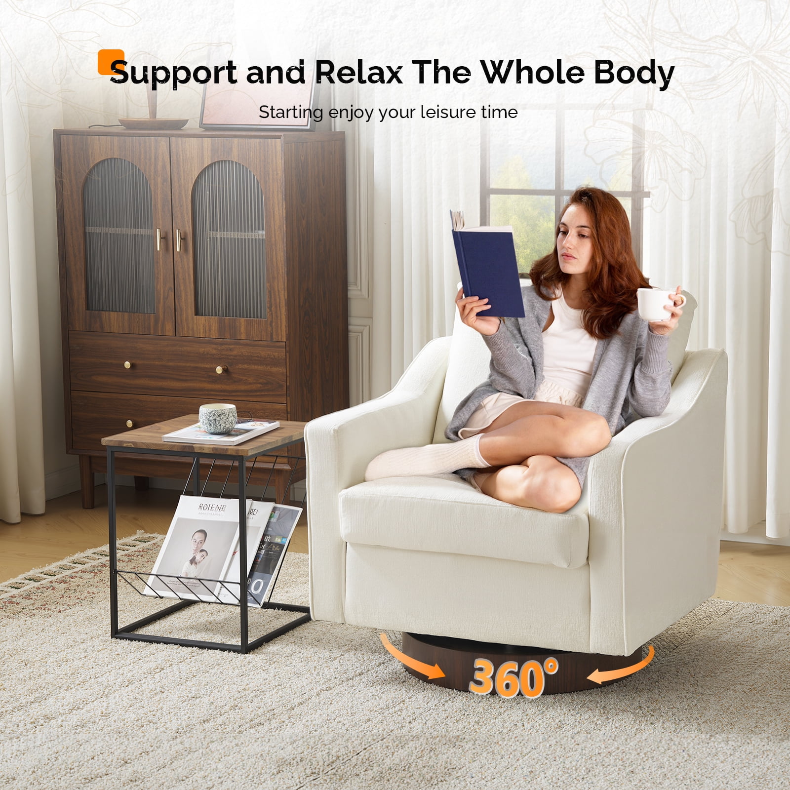 Ktaxon 360° Swivel Accent Chair Soft Chenille Fabric Arm Chair High Resilience Cushion Ideal for Living Room  Bedroom Furniture Off White