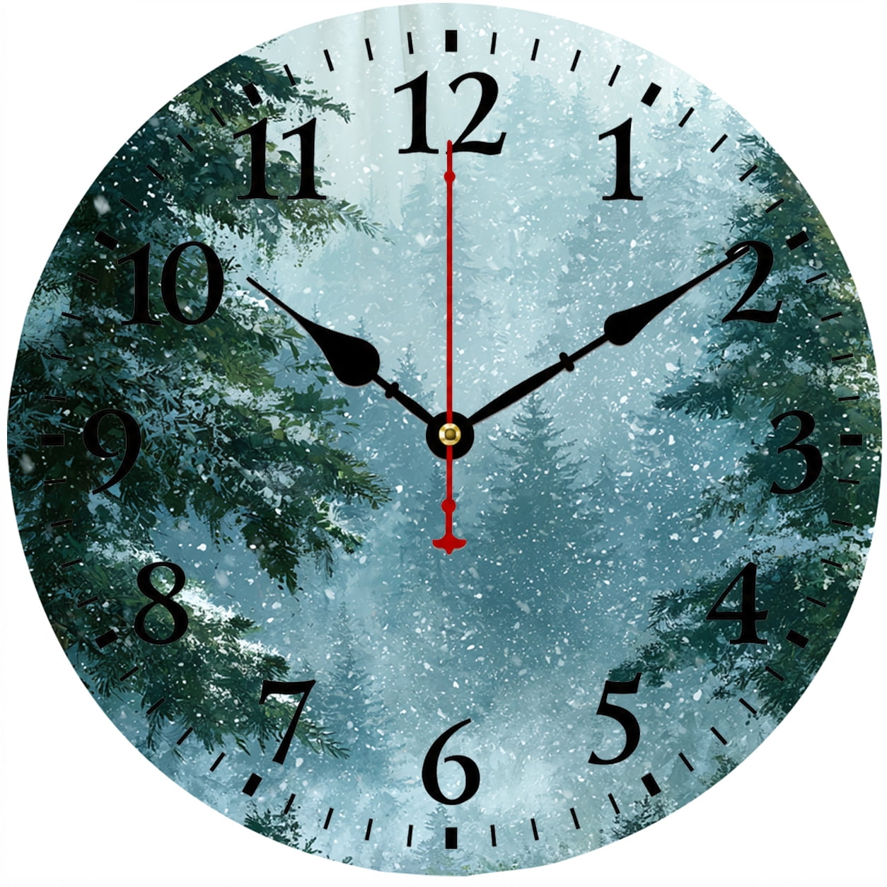 CozyHour 9.84 Inch Winter Forest Wall Clock, Snowy Pine Tree Nature Decorative Clock, Battery Operated Round Analog Clock with Easy to Read Numbers, Rustic Cabin Decor for Living Room Bedroom Kitchen