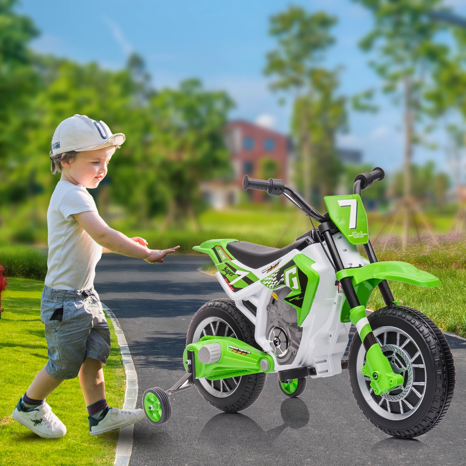 LUIBAS 12V Kids Ride On Electric Motorcycle, Battery Powered Electric Dirt Bike, Off-Road Street Bike Ride on Car with Training Wheels, Spring Suspension, High/Low Speeds, Built-in Music, Green