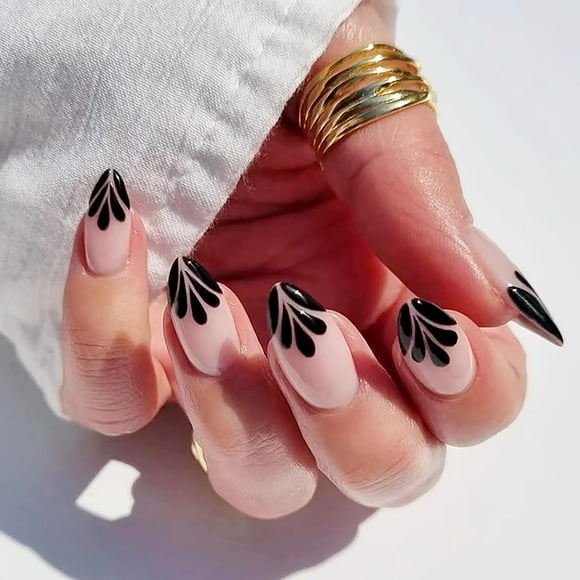 24 Pcs Almond Fake Nails Medium Press on Nails Pink Acrylic False Nails with Black Petal Droplet French Tips Cool Designs Full Cover Nail Accessories Stick on Nails for Women and Girls DIY Manicure