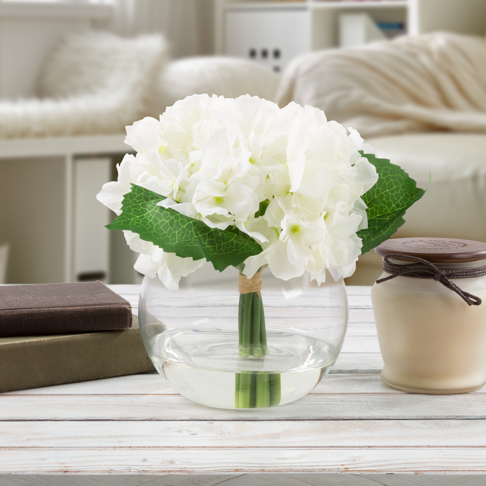 Hydrangea Artificial Floral Arrangement with Vase and Faux Water- Fake Flowers for Home Decor 