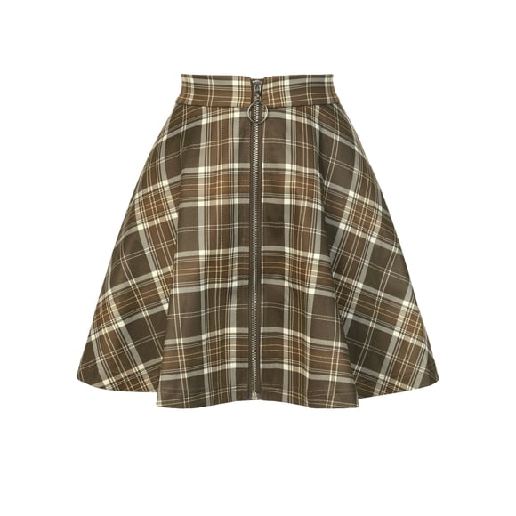 Falda A-Line de cuadros para mujer Inspire Chic, con cremallera, de cintura alta, mini falda M, color marrón café
