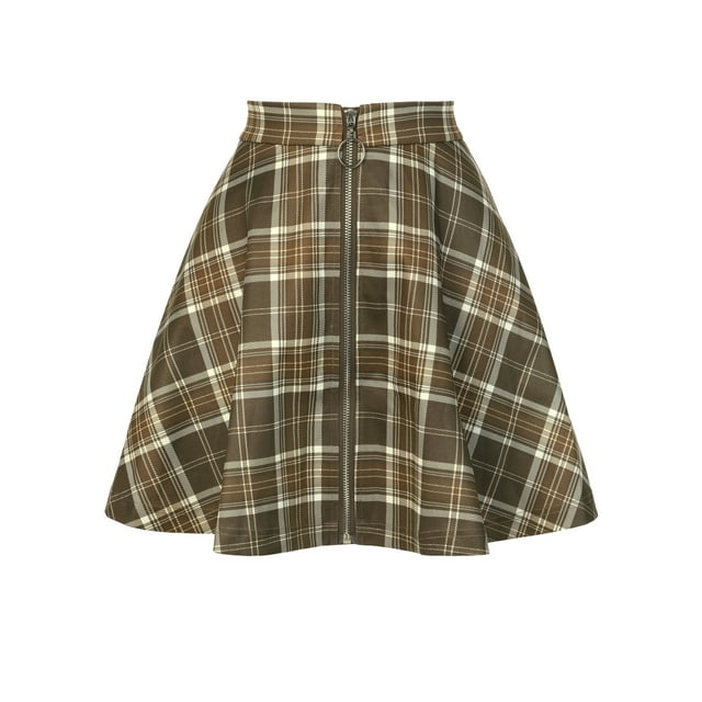 Falda A-Line de cuadros para mujer Inspire Chic, con cremallera, de cintura alta, mini falda M, color marrón café