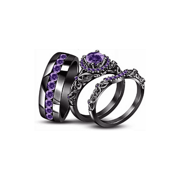 Round Cut Purple Amethyst Engagement Wedding Trio Ring Set in 14K Black Gold Finish - His & Her Ring Set