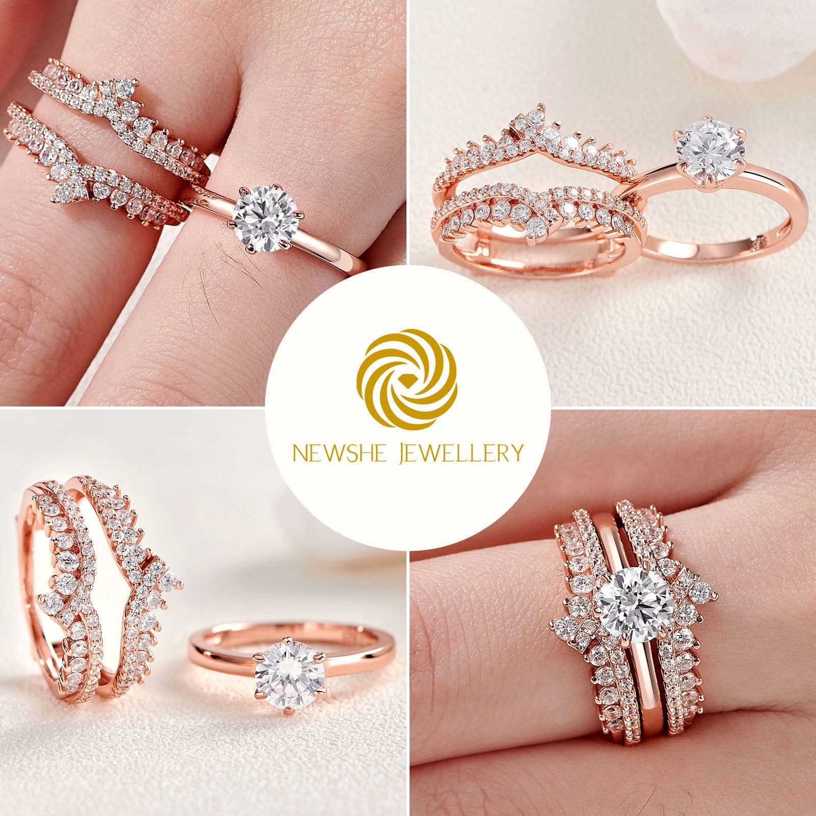 Newshe Wedding Rings for Women Engagement Ring Enhancer Band Bridal Set Sterling Silver 1.8Ct Cz Rose Gold Plated Size 7.5