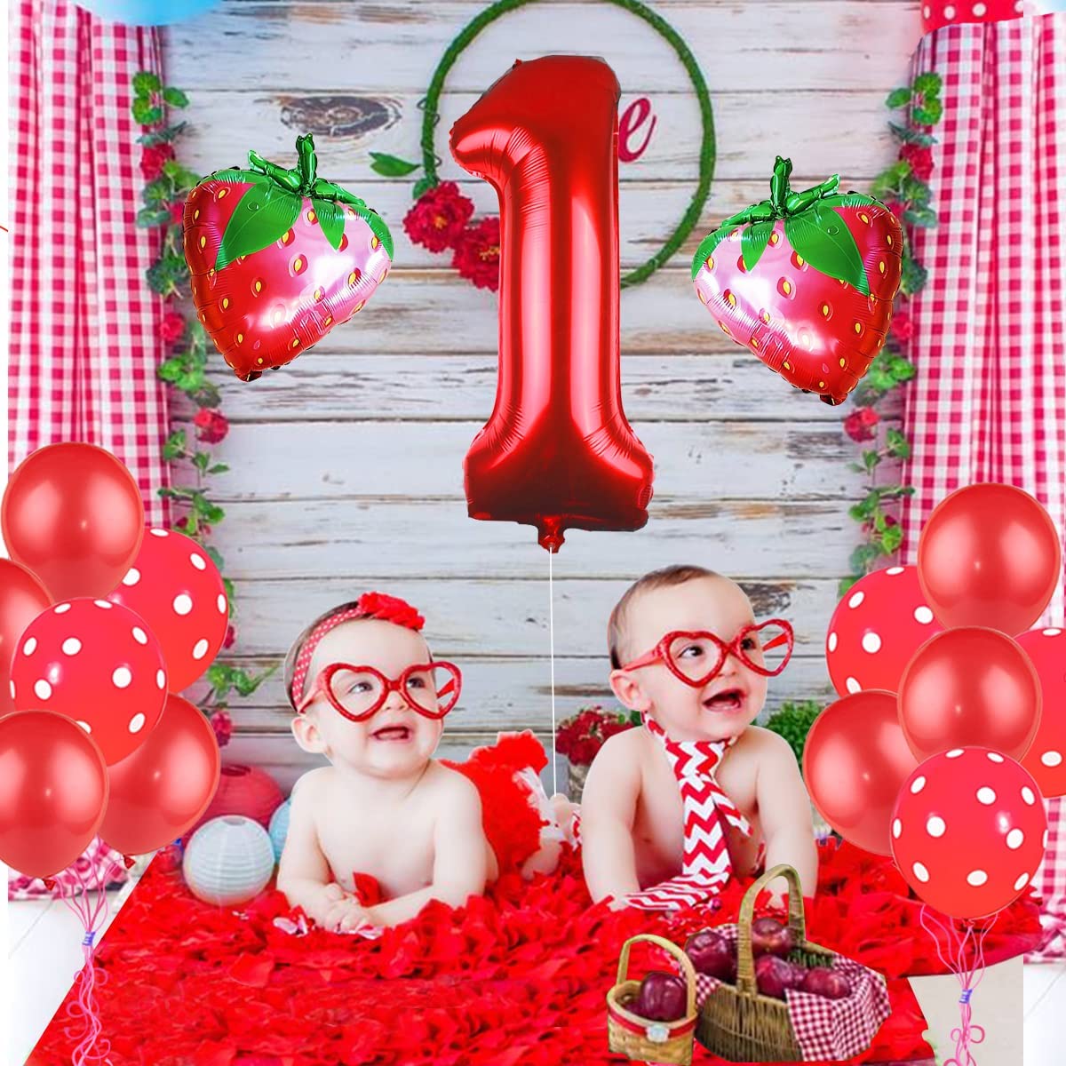 Strawberry 1st Birthday Banner & Cupcake Toppers - Glitter Berry Theme Party Decorations For Baby Showers & Birthdays