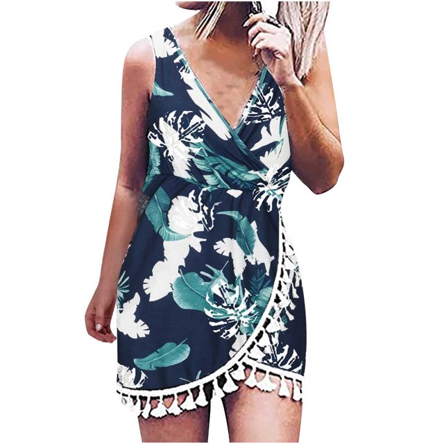 Vestido delgado estampado con cuello en V sin mangas informal de moda cómoda de verano para mujer Pompotops ghjkhdj19073