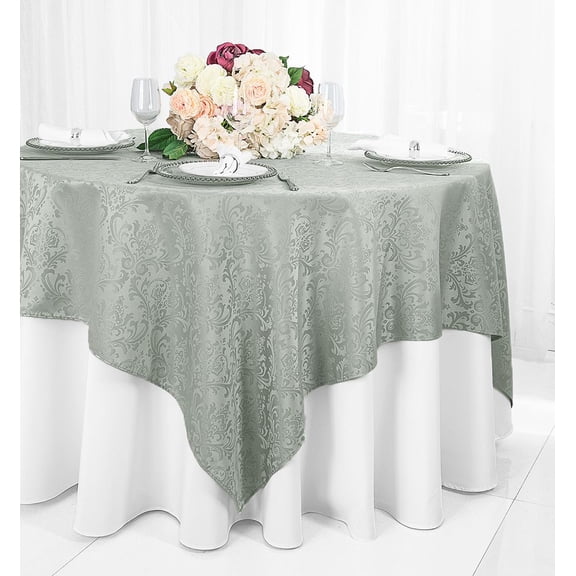 Wedding Linens Inc. 72" Square Damask Jacquard Polyester Table Overlays - Silver
