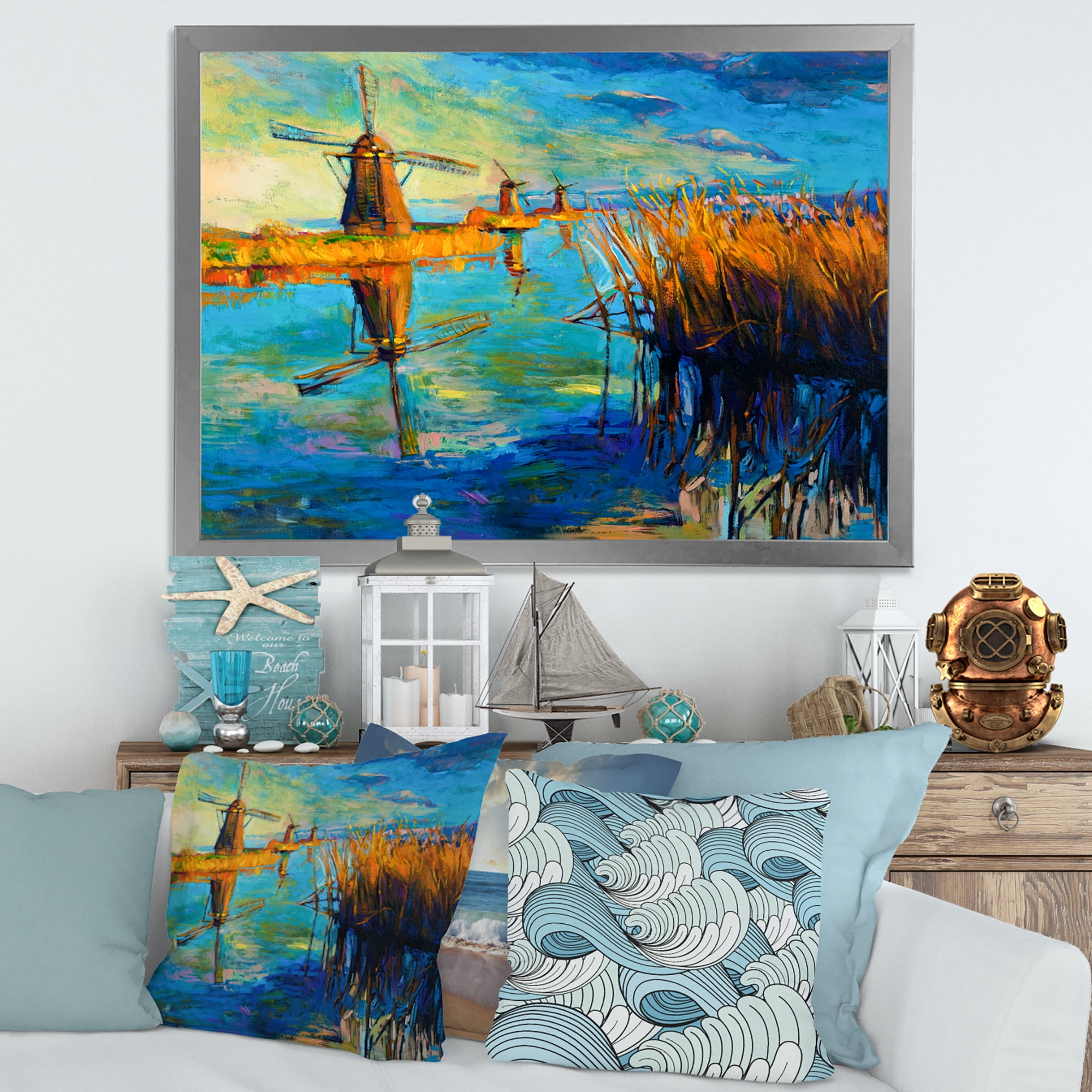 Designart 'The Deep Blue Lake And Windmills' Nautical & Coastal Framed Art Print