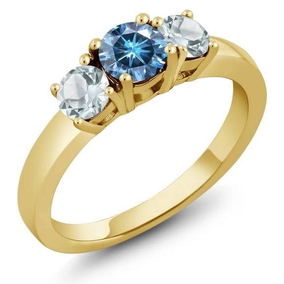 Gem Stone King 18K Yellow Gold Plated Silver 3-Stone Ring Round Persian Blue Moissanite and Aquamarine Sky Blue (1.00 Cttw, Size 5)
