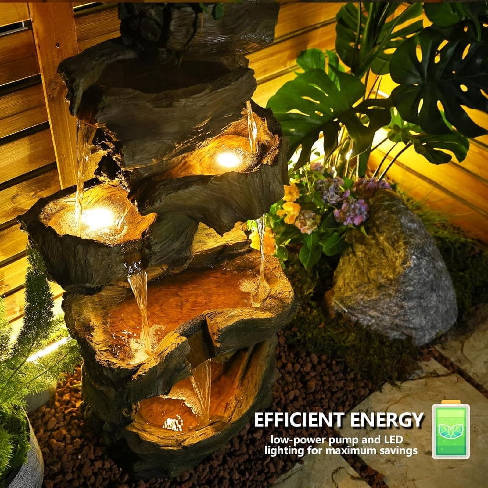 5-Tier Outdoor Rock Waterfall Fountain with LED Lights, Large Cascading Garden Water Feature for Patio, Porch, Yard