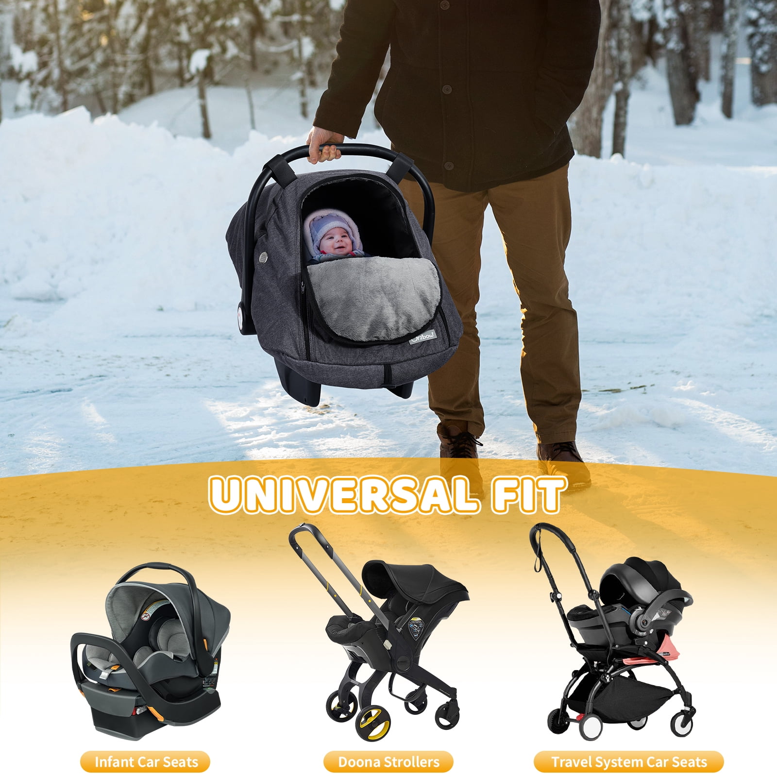 Orzbow Winter Baby Car Seat Cover with Front Zipper Door, Cold Weather Carseat Cover Canopy, Side Breathable, Rain, Snow and Wind Proof Car Seat Carrier Canopy Cover, Machine Washable, Dark Grey