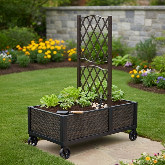 Resenkos Raised Planter Boxes, Large Space Elevated Flower Beds,Raised Garden Bed with Trellis Planter Box for Climbing Plants -Brown