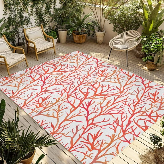 Fsddascl Red Coral Coastal Outdoor Rug for Patio/Deck/Porch, Non-Slip Large Area Rug 5 x 8 Ft, Summer Beach Nautical Ocean Sea Indoor Outdoor Rugs Washable Area Rugs, Reversible Camping Rug Carpet