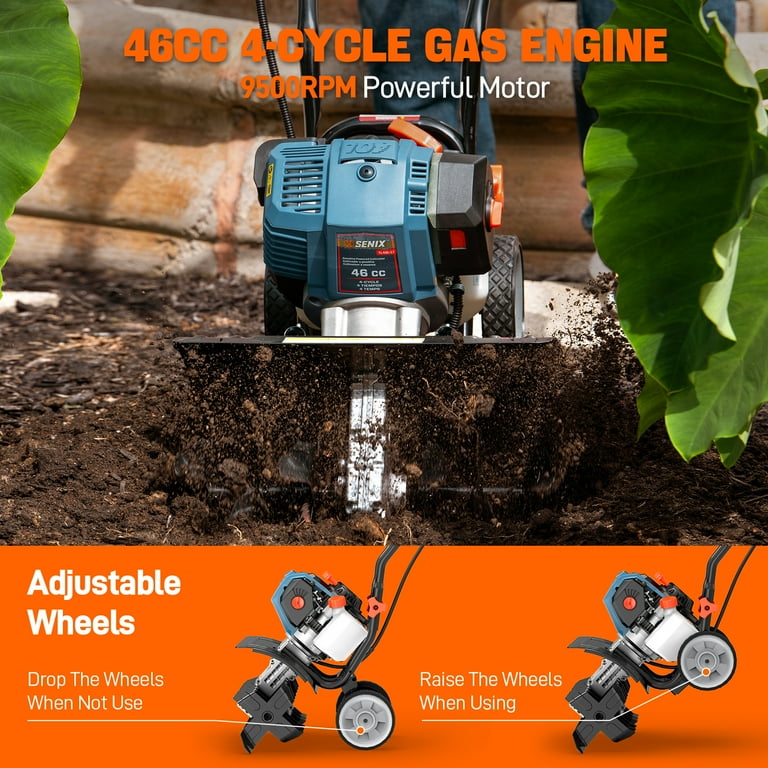Senix, Gas Powered Mini Rear Tine Garden Tiller, 46cc, 15