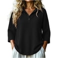 thumbnail image 2 of Snorda 3/4 Length Sleeve Womens Tops Solid Color Lapel Knitted Half Button Tops Casual Loose Soft Pullover Tops Womens Comfy Blouse for Daily Wear, 2 of 8
