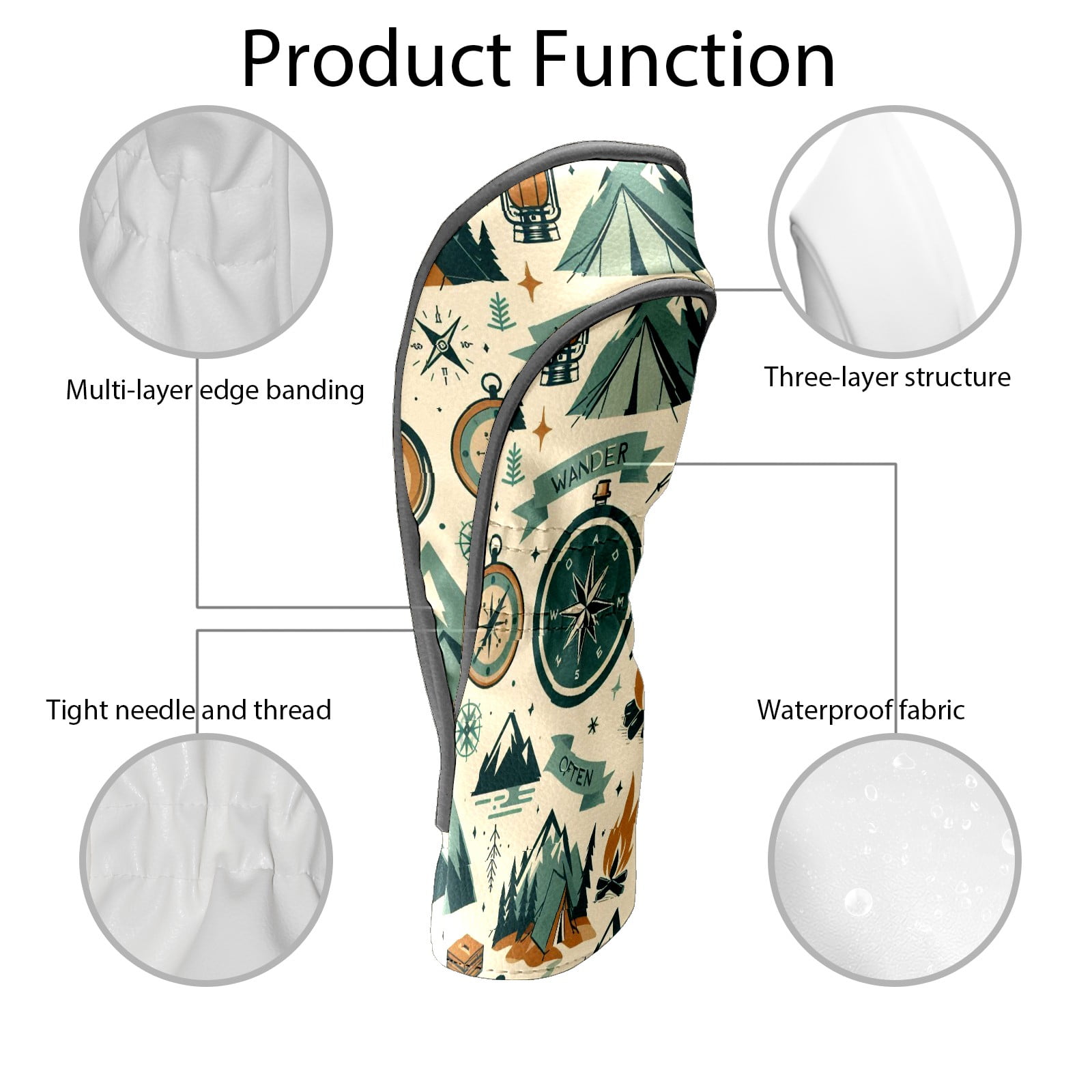 Golf Club Covers, Beige Camping Icons Premium PU Leather Driver Hybrid Putter Head Covers with Velvet Lining, Waterproof Golf Gifts for Men Women