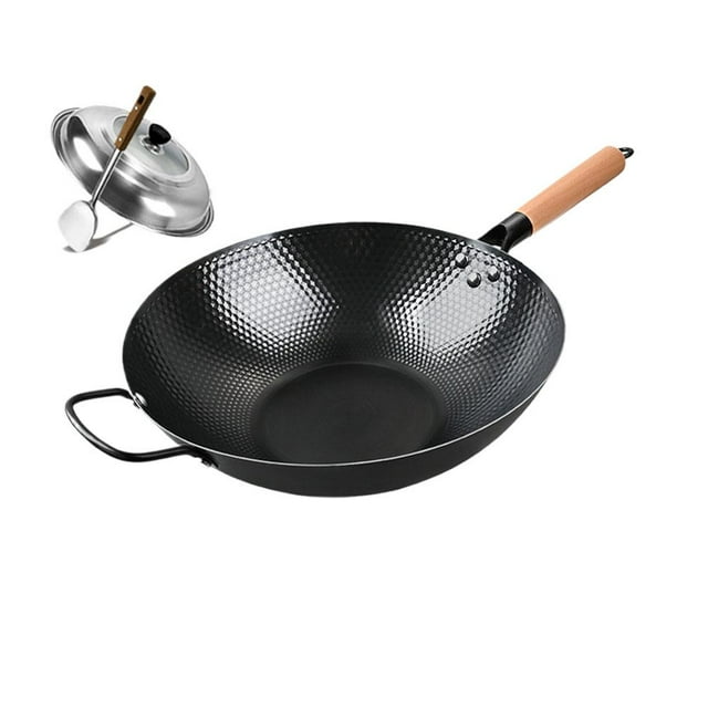JHIALG Nonstick Wok,Fish Scale Pattern Flat Bottom Non-Stick Pan, Carbon Steel Woks Coa & Nonstick Stir-Fry Pans Lid Rust with