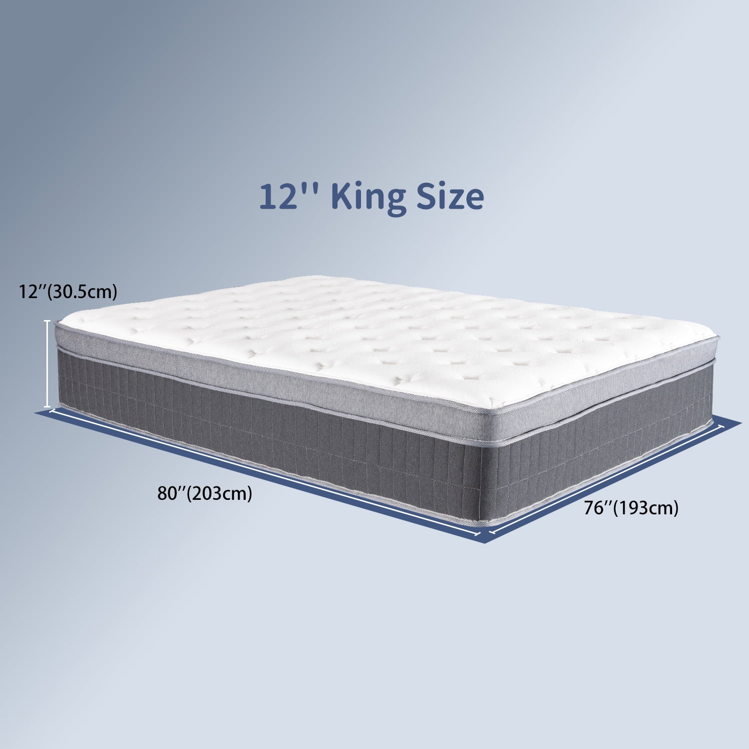 GVN Bed Pad, Mattresses, King Size Mattress, 12 Inch Memory Foam Hybrid Mattress with Pocketed Springs, Medium Firm Support, Gray