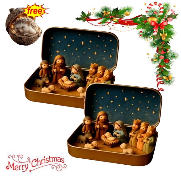 Mini Christmas Nativity Set in a Tin Box, 2026 New Handcrafted Pocket Size Nativity Scene Gift Tin - Resin Nativity Sets & Figures, Christmas Decoration Indoor for Home Gifts Decor (2PC)