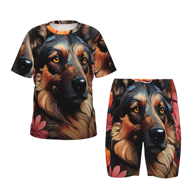 Balery Colorful Flower German Shepherd Conjunto de Pijama Infantil de Manga Corta con Estampado – Ropa de Dormir de Algodón Suave-Medium