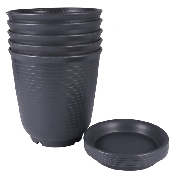 ETEREAUTY 5-Piece Black Resin Planter Set with Drainage Holes for Indoor and Home Decorative Flower Pots