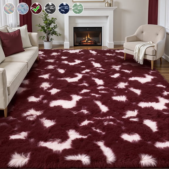 Lalado 5ft x 8ft Shag Area Rug, Soft Fluffy Indoor Tie-Dye Area Rugs for Living Room Bedroom Decor Carpet, Red & White