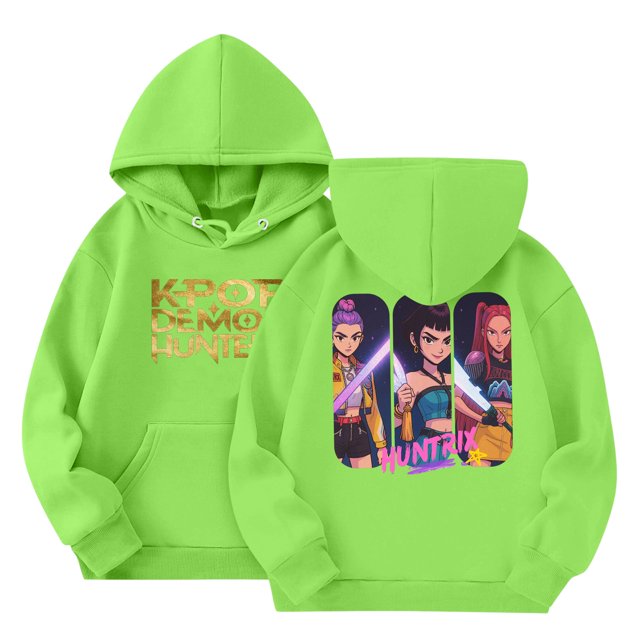 Moonsky Sudadera con capucha y cordón HUNTRX, estampado de grupo de chicas coreanas, jersey corto, suave y cómodo, top de manga larga para primavera y otoño. Verde fluorescente 100