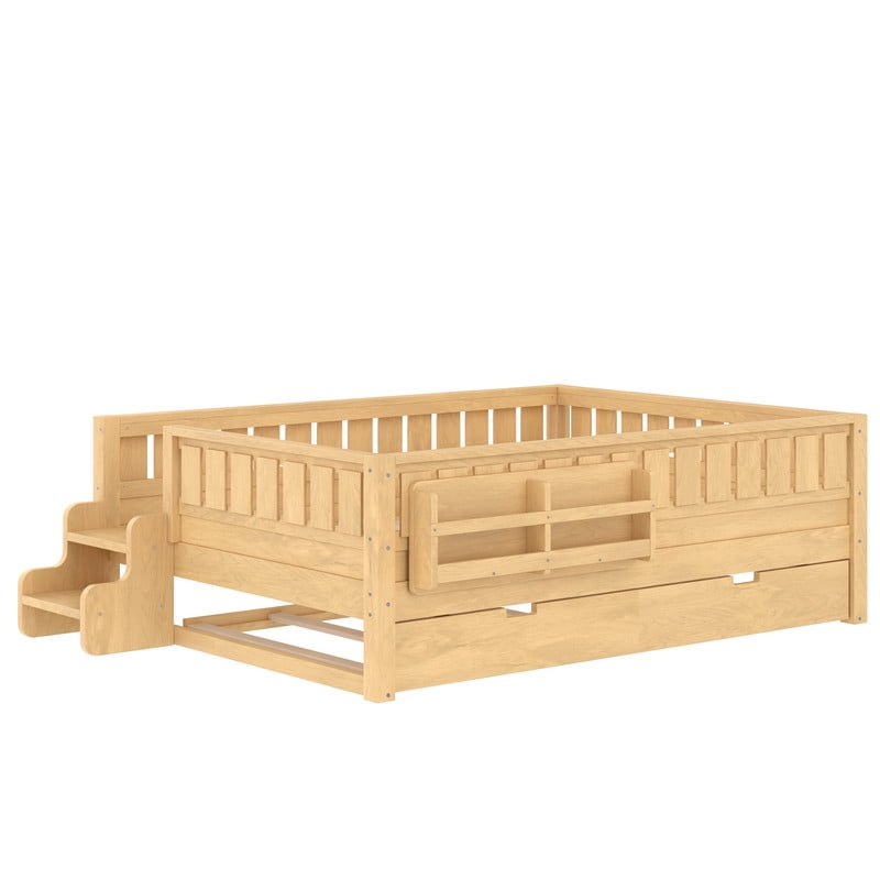 Full Size Low-Profile Kid's Platform Bed with Built-in Bookshelves & Small Staircase, Wooden Bed Frame with Safety Rails & Trundle