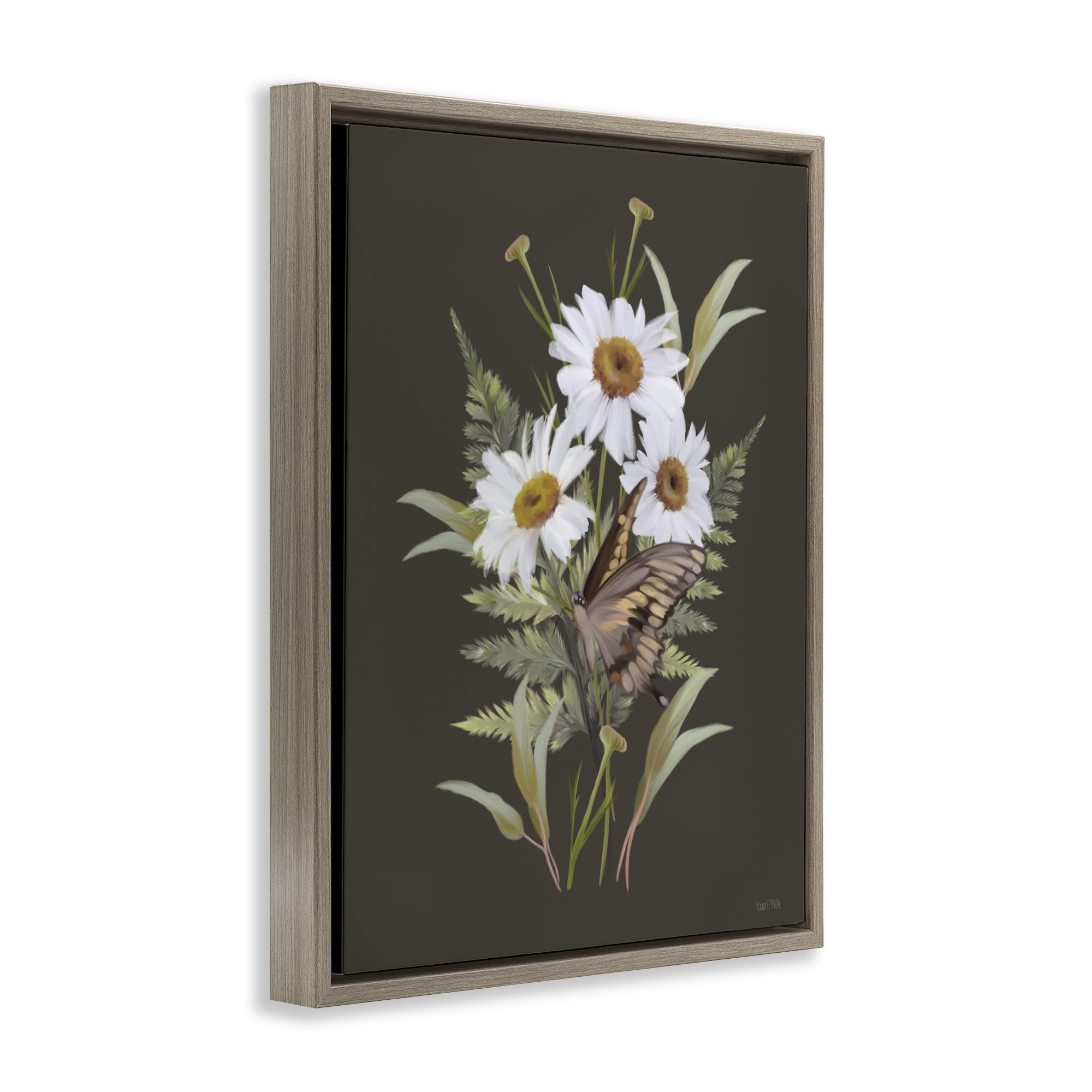 Stupell Industries Daisy Bouquet with Swallowtail Brown Framed Floater Canvas Wall Art, design by House Fenway