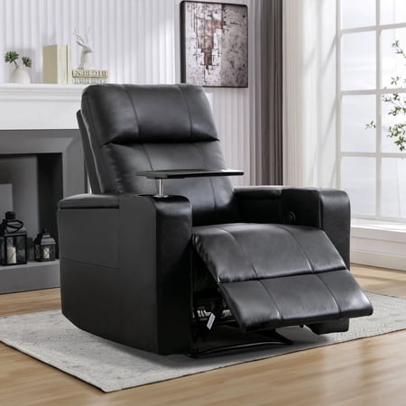 Bonzy Home Power Electric Recliner Chair, PU Leather Home Theater Seating with Swivel Tray Cup Holders, USB Port & Hidden Storage, Single Movie Recliner for Living Room Media Room, Black