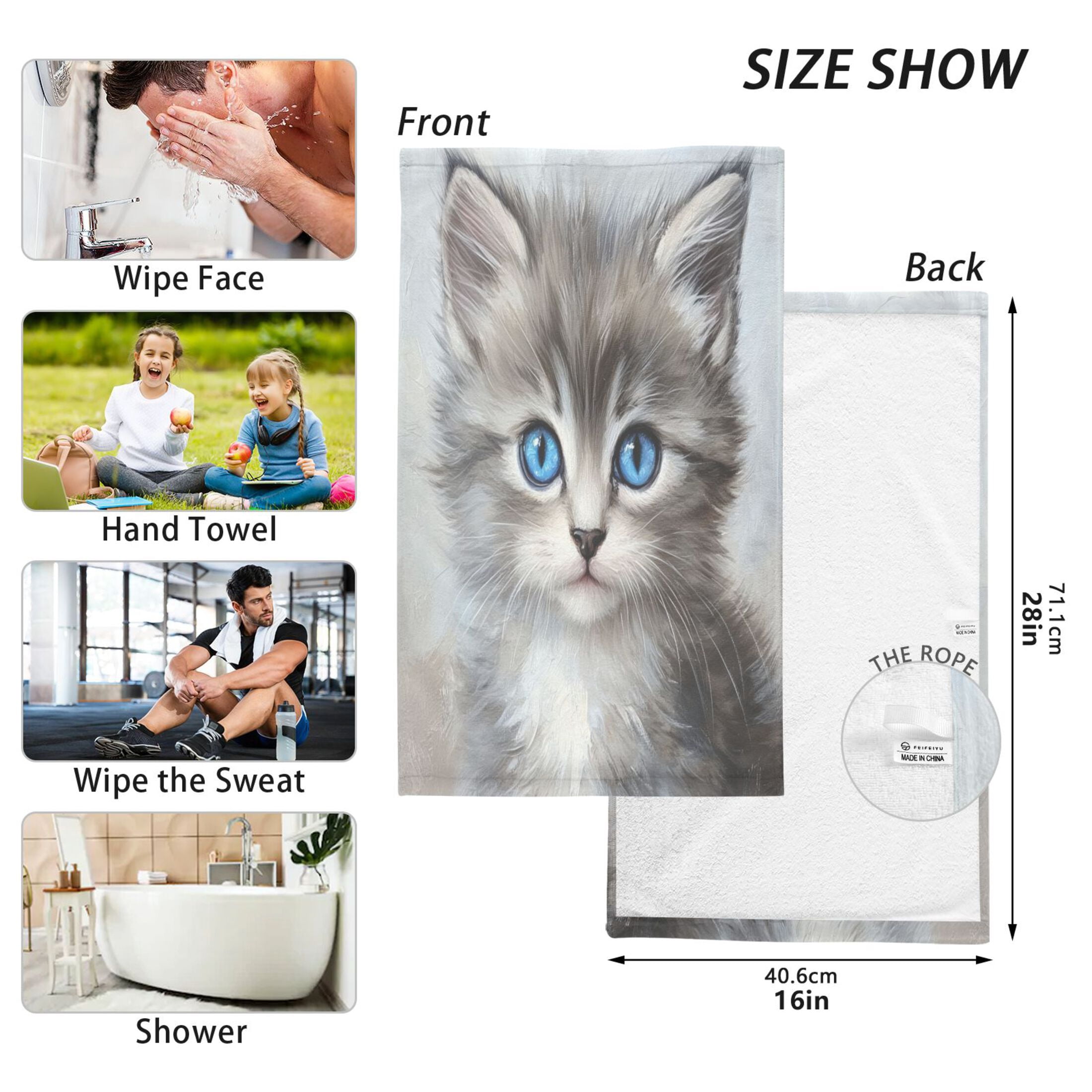 Cotton Towel Two-Piece 16x28 Inch One Sizex2 Face Towel Set Towel Set Cotton Hand Bath Towel Bathroom Beach Grayish-black Cat