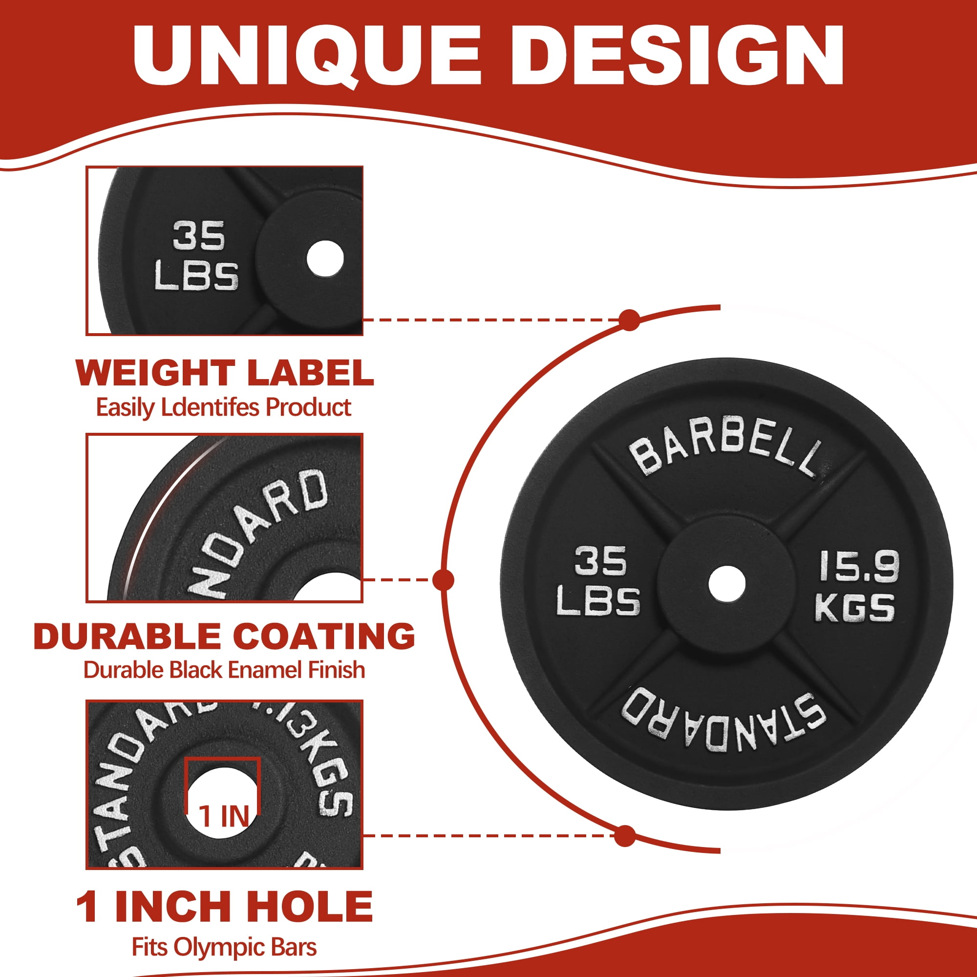 Signature Fitness Cast Iron Weight Plates, 1-Inch Hole, 2-Pack or 4-Pack Options (2.5LB–45LB), Black with Silver Numbers, for Standard Barbells, Dumbbells & Home Gym Strength Training