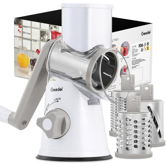 Geedel Kitchen Cheese Grater, Rotary Mandoline Vegetable Slicer with Interchangeable Blades, Easy to Use Rotary Grater Slicer for Fruit, Vegetables, Nuts