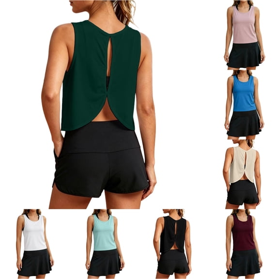 HAYIMI Women Yoga Tank Tops Hollow Back Workout Shirts Running Gym Athletic Vest Casual Activewear Summer Round Neck Solid Color Sleeveless Trendy Camisole