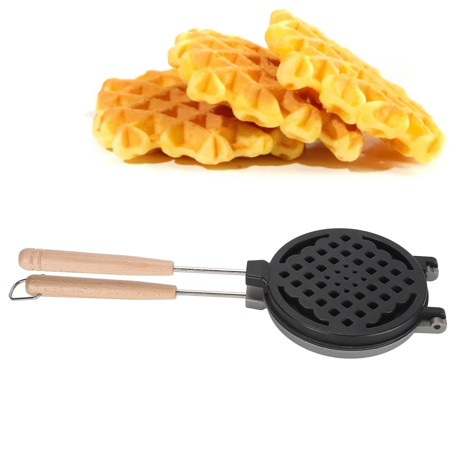 Yajisi Non-Stick Waffle Maker Pan with Removable Wooden Handle, Dual-Sided Camping Waffle & Sandwich Toaster (23x23x4cm)