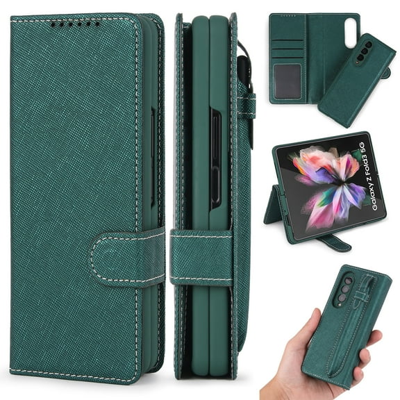 Allytech for Samsung Galaxy Z Fold 3 5G Case with S-Pen Pocket, Detachable 2 in 1 Magnetic Wallet Kickstand Bracket Premium PU Leather Card Slots Stylus Pen Holder Protective Case, Cross Pattern Green