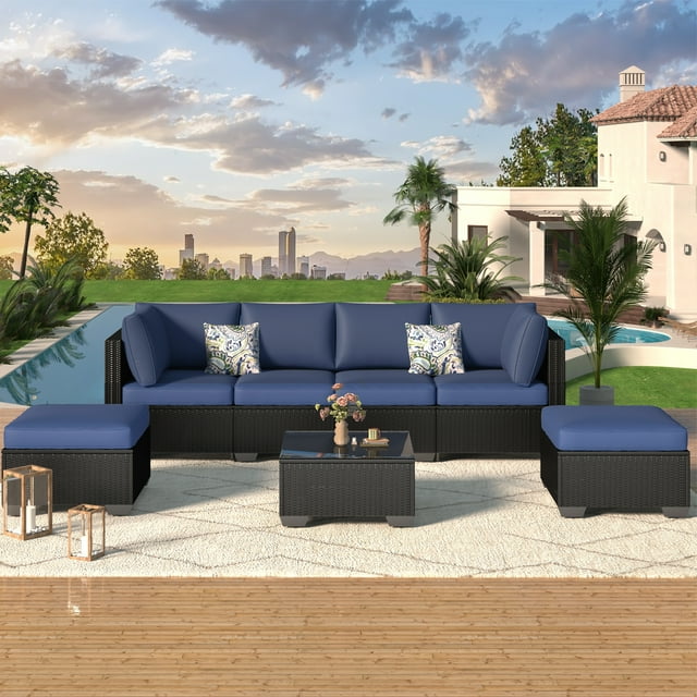 YODOLLA 7-Piece Patio Furniture Set, Black Rattan Wicker Outdoor Sectional Sofa Couch with Table Patio Conversation Set for Lawn& Backyard In Dark Blue