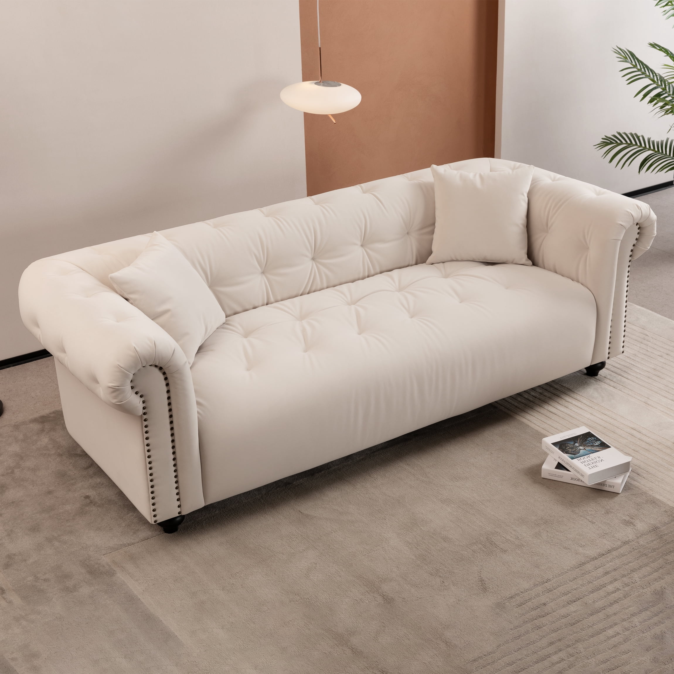 MAYEERTY Vintage medieval style sofa, white, complete only need to install feet can use it, with 2 throw pillows