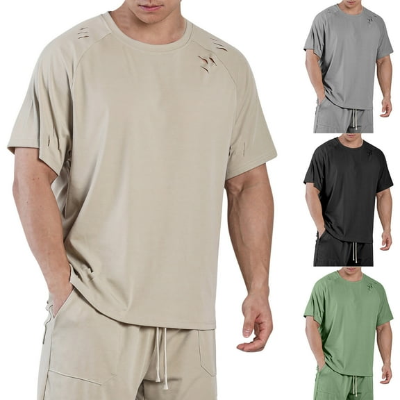 BinBiL Mens Summer T-Shirt Casual Hip Hop Ripped Short Sleeve Muscle Gym Athletic Tees Crewneck Fashion Outdoor Workout Tops Gray XL(XL)