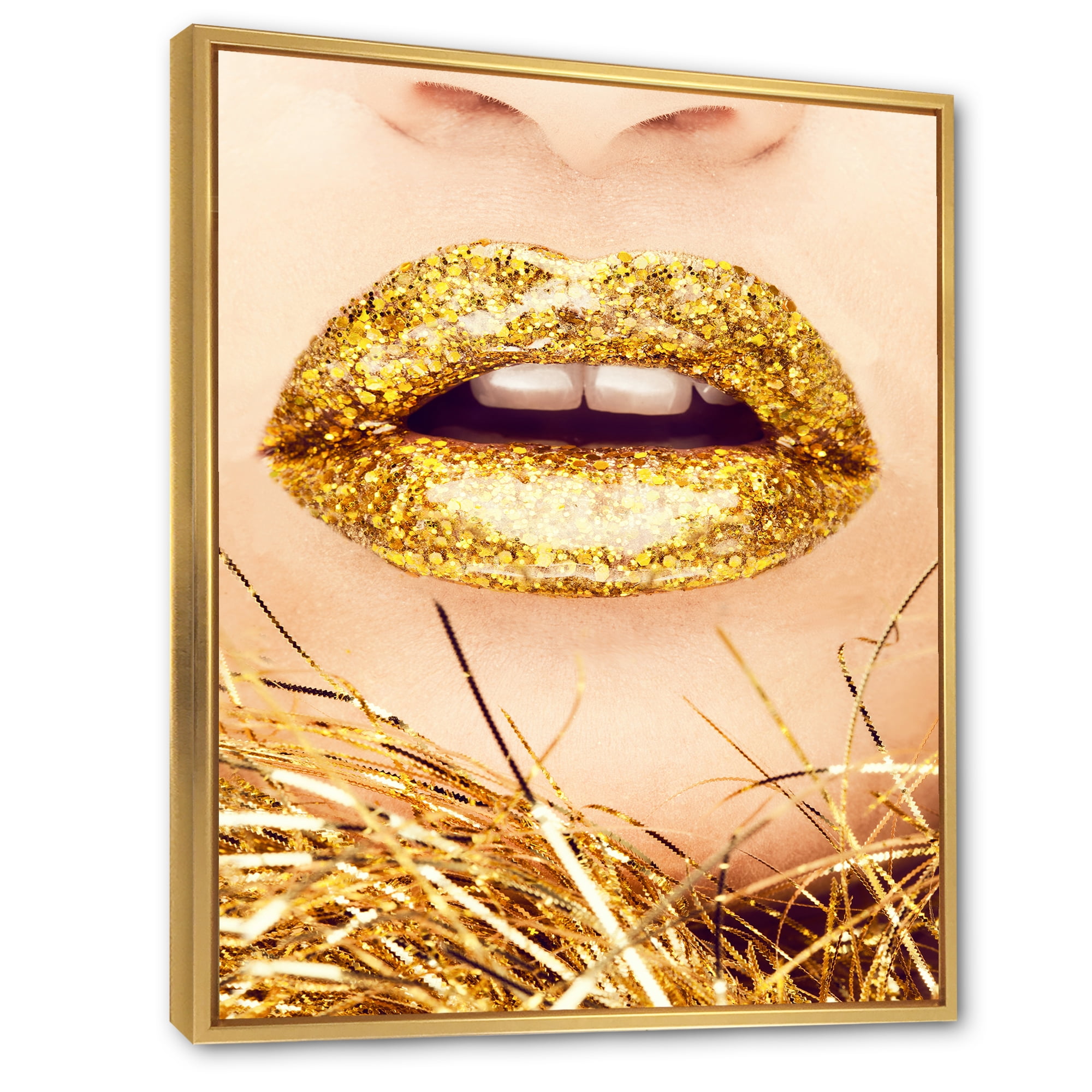 Designart 'Close-Up Of Golden Female Lips I' Modern Framed Canvas Wall Art Print