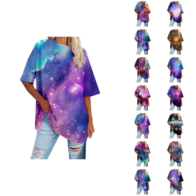 Galaxy T-Shirts pour Femmes 2026 Mode Été Manches Courtes Col Rond Étoile Ciel Espace T-Shirts Graphiques