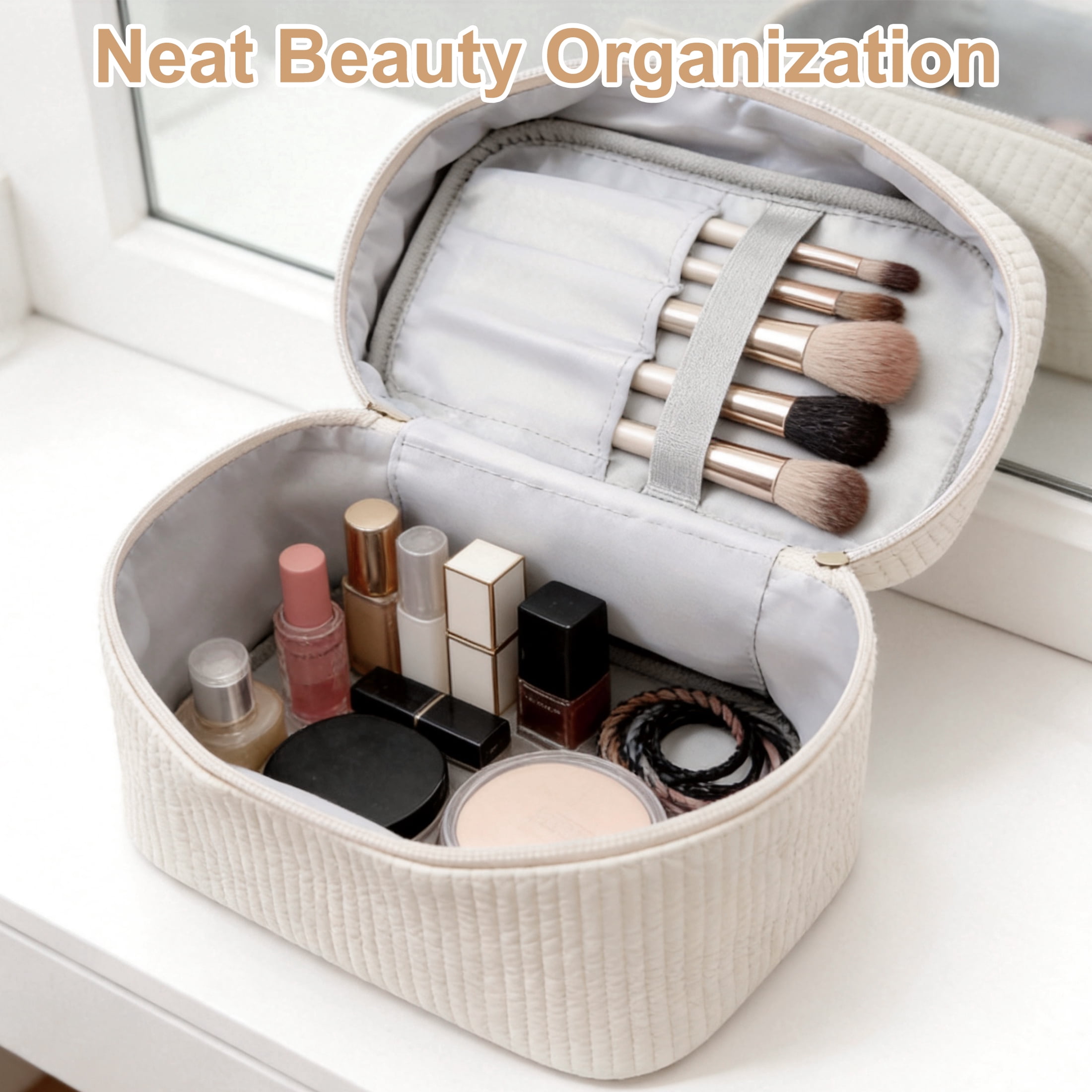 GARITIN Makeup Bag, Large Capacity Travel Cosmetic Organizer with Brush Slots, Toiletry Bag for Women, Quilted Leather Embossed, Off-White
