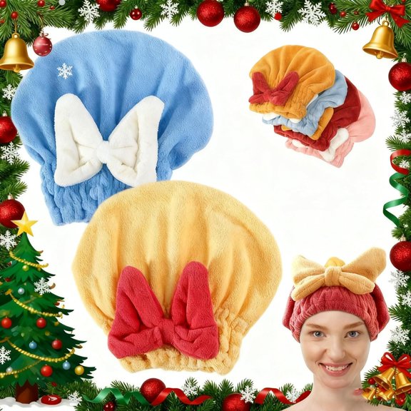 QIANJIA 2PCS Microfiber Hair Drying Caps,2026 New Christmas Absorbent Hair Towel Wrap for Women Wet Hair Quick-Drying Hair Towels, Soft Bow Tie Wet Hair Towel Wrap for Party Favors (Pink Blue)