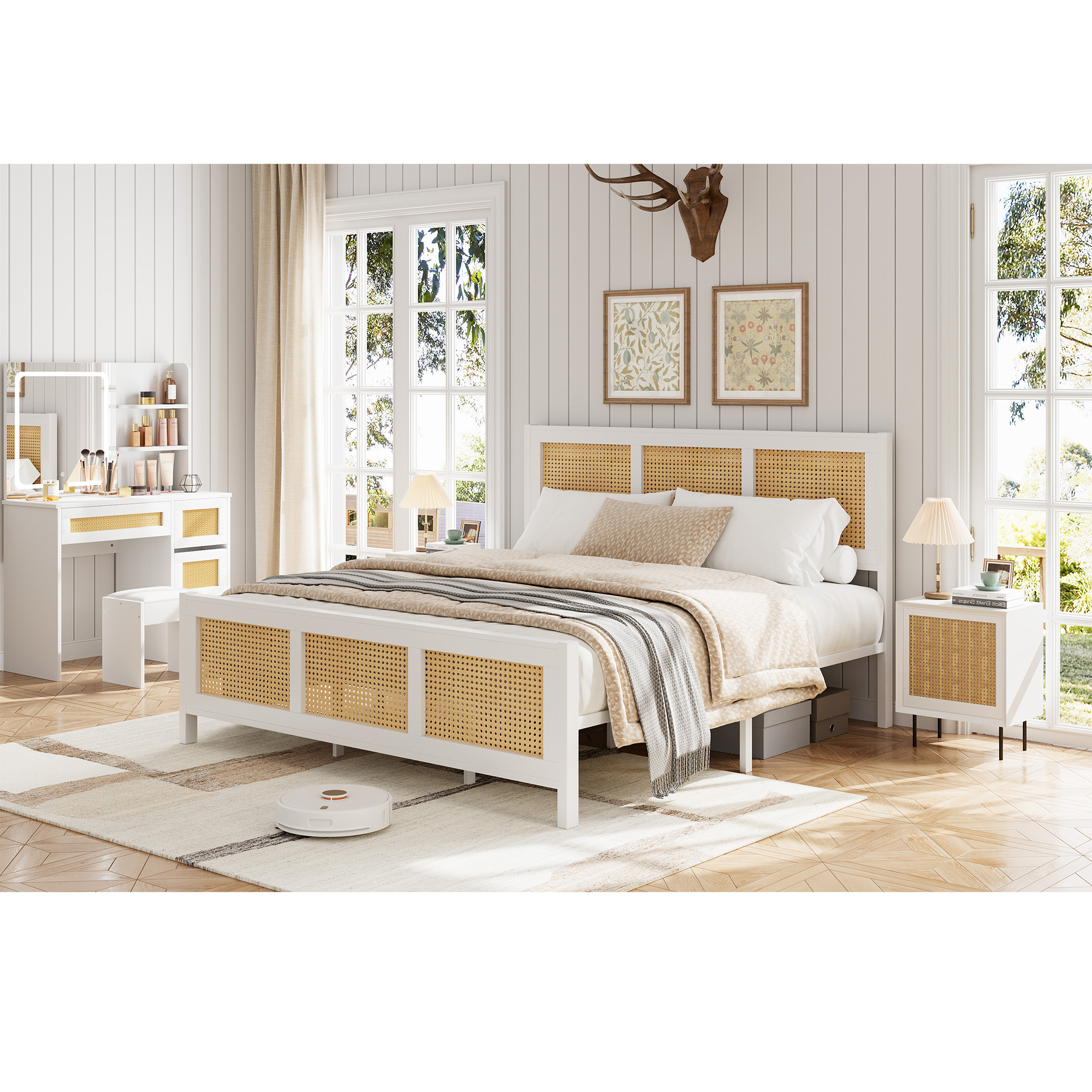 King Size Rattan Bed Frame, Boho Cane Platform Bed Frame, Modern Style with Headboard & Strong Metal Slat, No Box Spring Needed for Bed Room, White