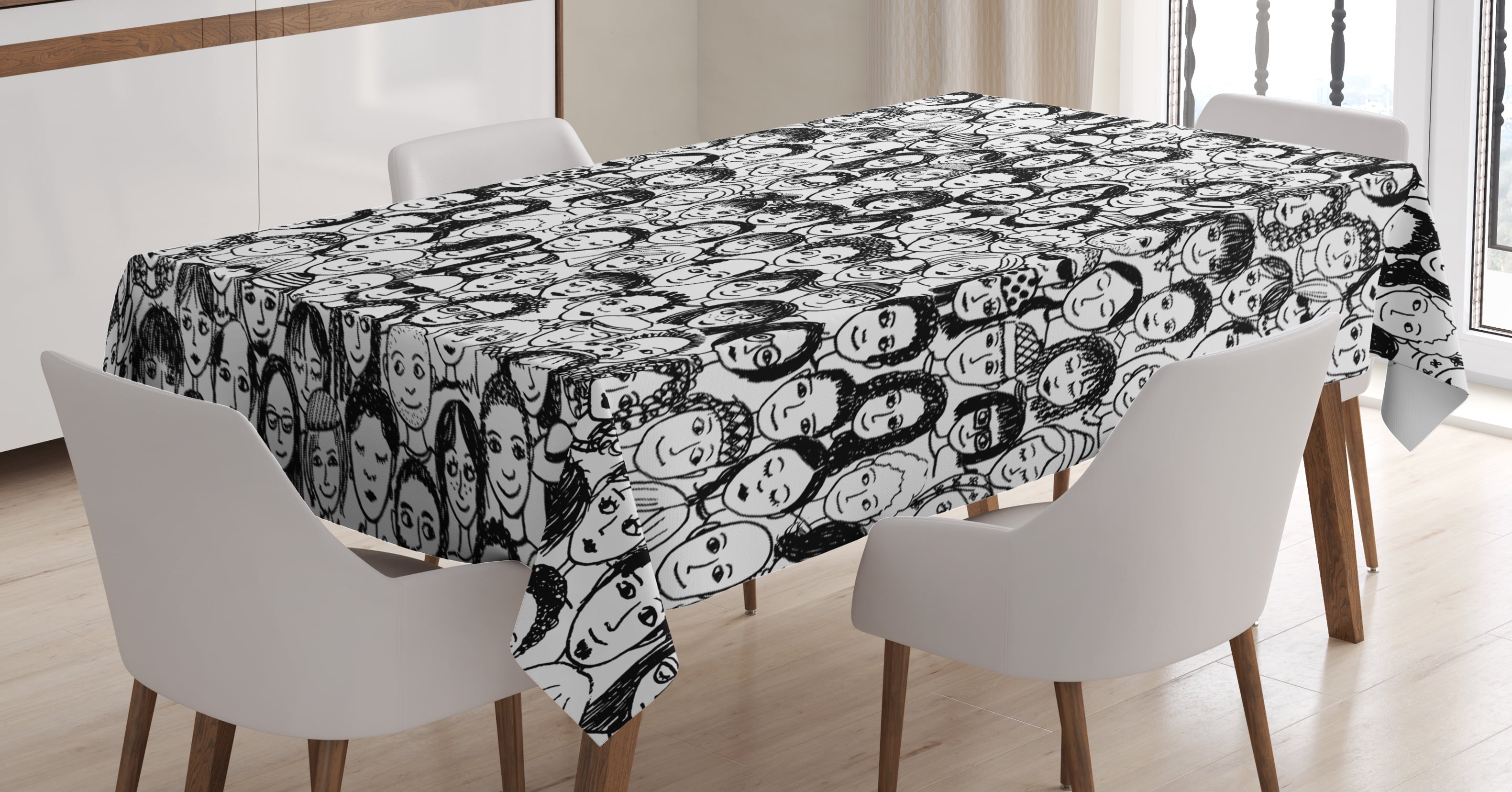Black And White Tablecloth An Assortment Of Portraits Happy Black And White Tablecloth An Assortment Of Portraits Happy People Many Ethnicities Sketch Style Rectangular Table Cover For Dining Room Kitchen