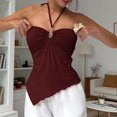 thumbnail image 6 of Domzest Womens Asymmetrical Hem Halter Tank Top Slim Fit Blackless Metal Ring Front Ruched Top Summer Tie Up Cami Tank Wine M, 6 of 7