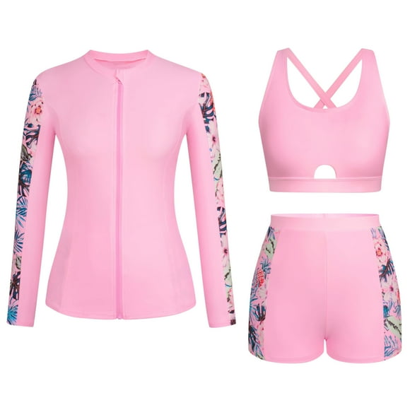 Penkiiy 3 piezas de la mujer Print Rash Guard, trajes de baño de manga larga Zip Up UPF 50 + Built in Bra Swim Shirts con Boyshorts
