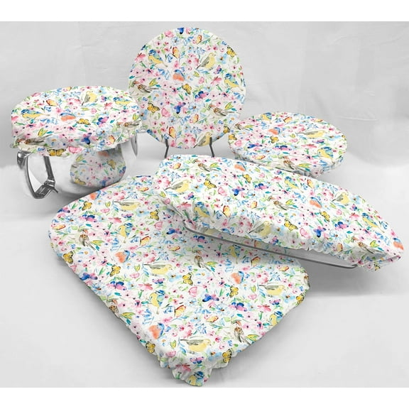 Birds & Butterflies in Blooms Reusable Fabric Bowl and Casserole Pan Covers by Penny's Needful Things (5 Cover Set) (White)